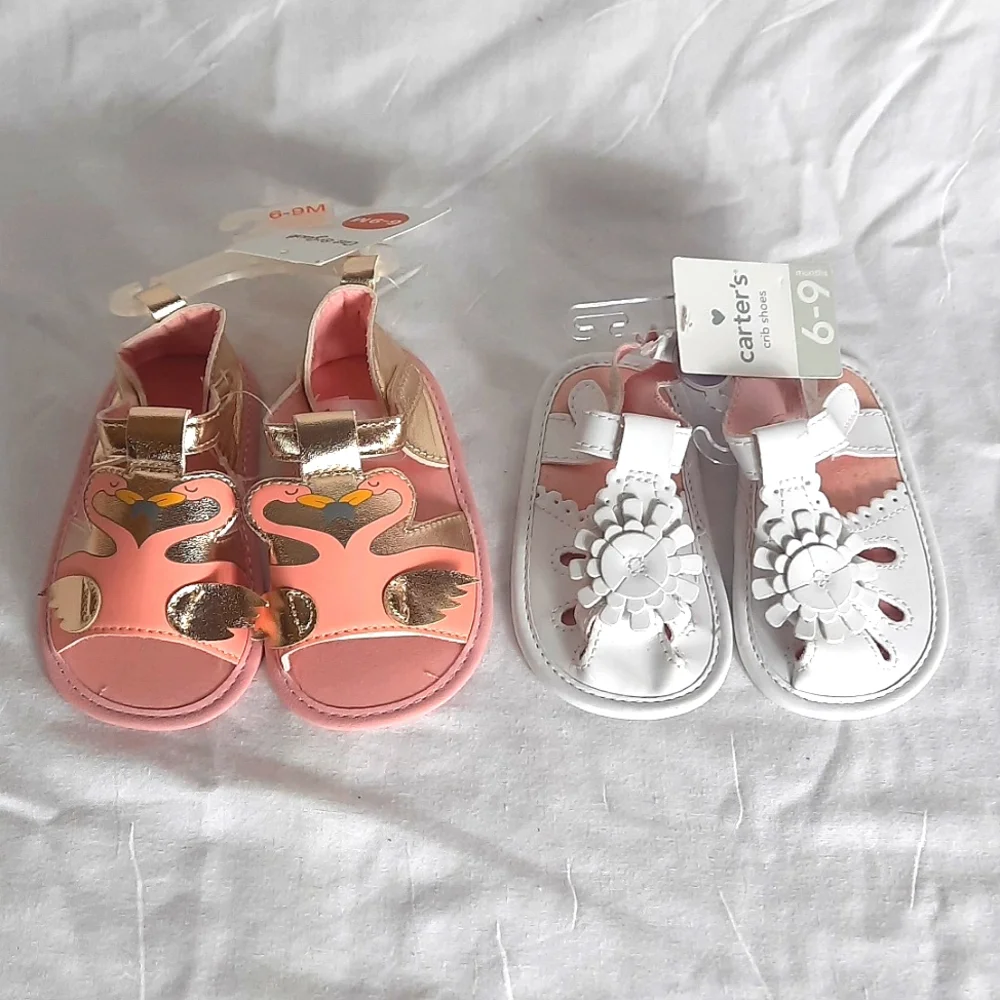 Baby Girl Crib Shoes Sandals Bundle of 2 Pair Size 6-9 Months Flamingo NEW